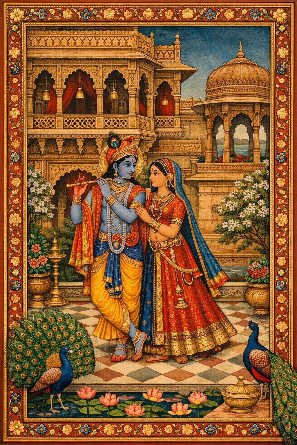 Radha Krishna in traditional Rajasthani Rajput miniature painting style with flat perspective and gold accents